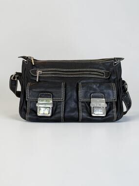Purificacion Garcia Black‎ Leather Shoulder Bag Silver Hardware Made in Spain